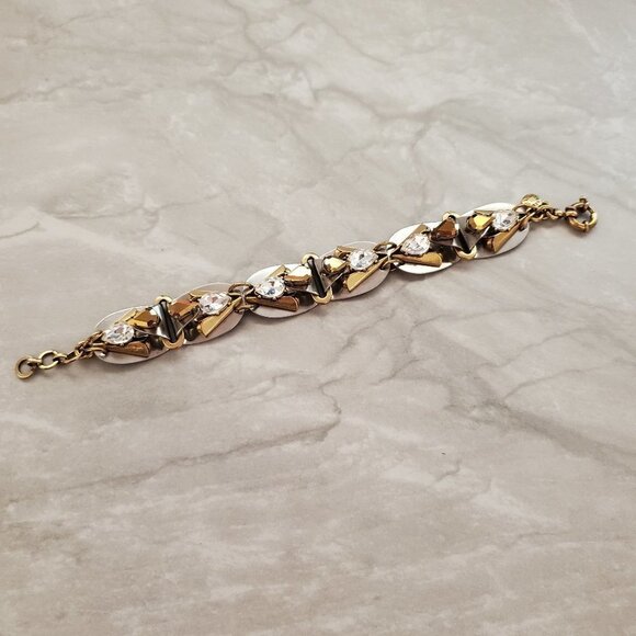 ✨ J.Crew Bracelet Silver Gold Rhinestones Crystals Antiqed Statement Chunky ✨ - Picture 1 of 11